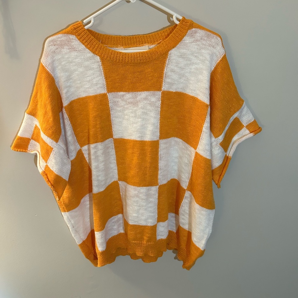 Orange and White Checkered Knit Top